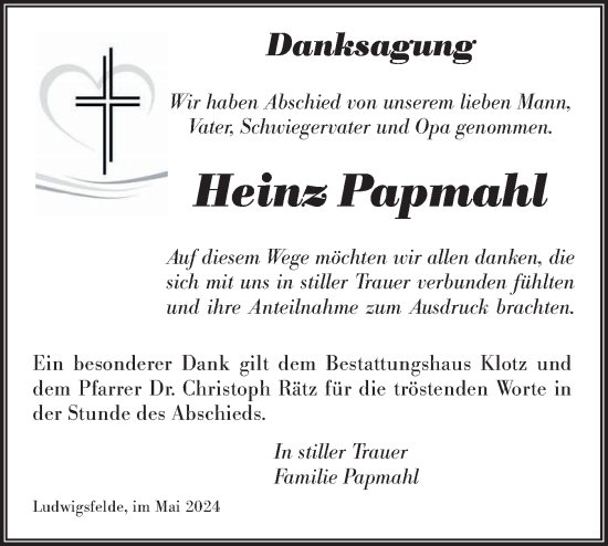 Traueranzeige von Heinz Papmahl von Märkische Oderzeitung