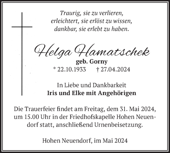 Traueranzeige von Helga Hamatschek von Märkische Oderzeitung