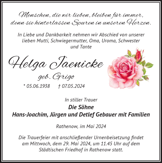 Traueranzeige von Helga Jaenicke von Märkische Oderzeitung