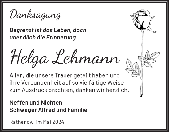 Traueranzeige von Helga Lehmann von Märkische Oderzeitung