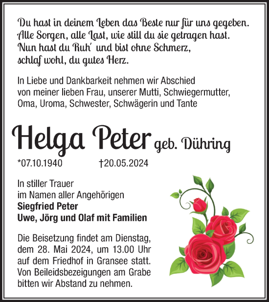 Traueranzeige von Helga Peter von Märkische Oderzeitung