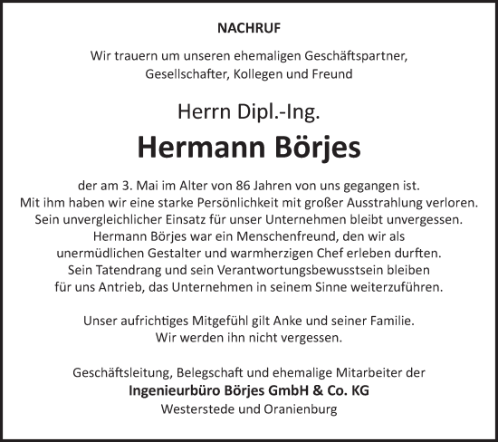 Anzeige Hermann Börjes