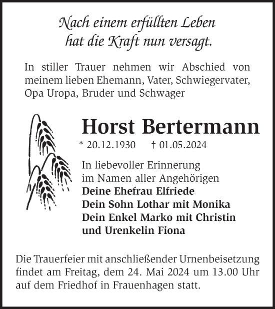 Traueranzeige von Horst Bertermann von Märkische Oderzeitung