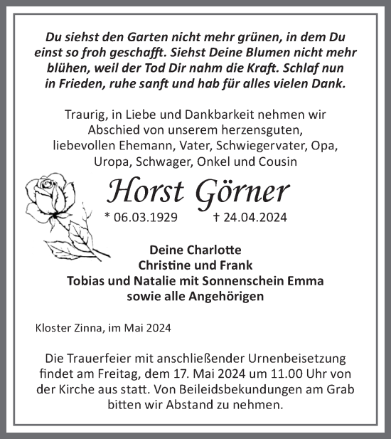 Traueranzeige von Horst Görner von Märkische Oderzeitung