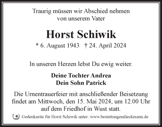 Traueranzeige von Horst Schiwik von Märkische Oderzeitung