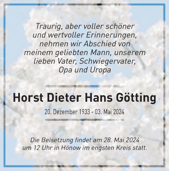 Traueranzeige von Horst Dieter Hans Götting von Märkische Oderzeitung