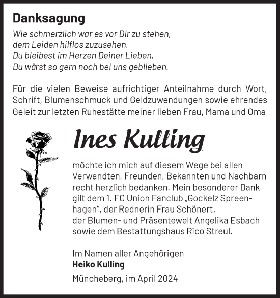 Traueranzeige von Ines Kulling von Märkische Oderzeitung