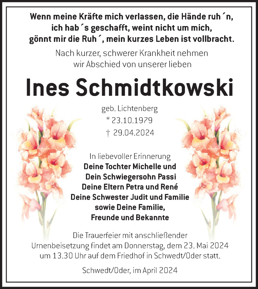  Traueranzeige für Ines Schmidtkowski vom 11.05.2024 aus Märkische Oderzeitung