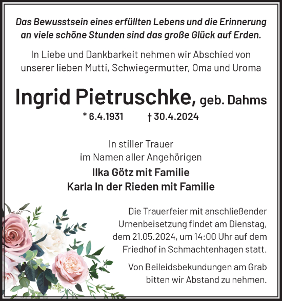 Traueranzeige von Ingrid Pietruschke von Märkische Oderzeitung