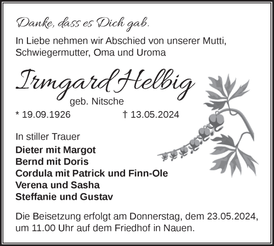 Traueranzeige von Irmgard Helbig von Märkische Oderzeitung