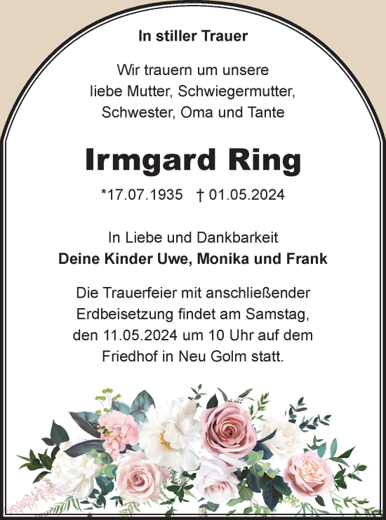 Traueranzeige von Irmgard Ring von Märkische Oderzeitung