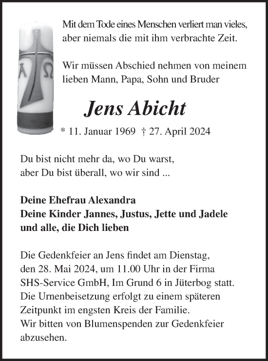 Traueranzeige von Jens Abicht von Märkische Oderzeitung