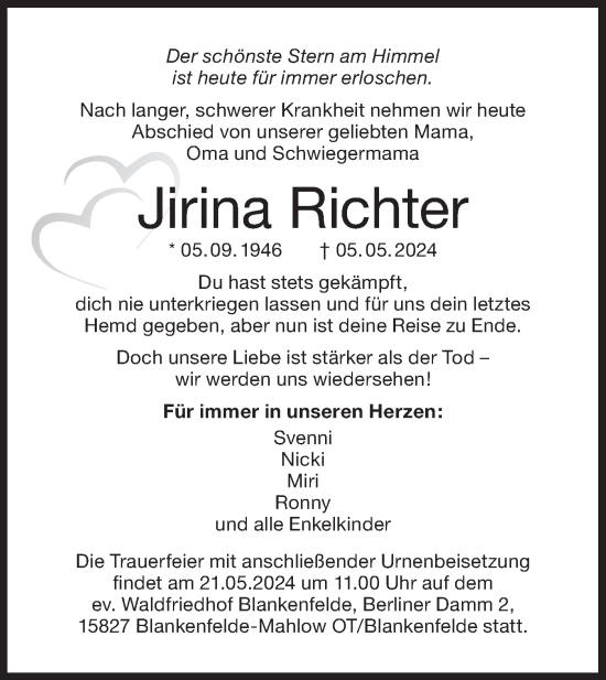 Traueranzeige von Jirina Richter von Märkische Oderzeitung