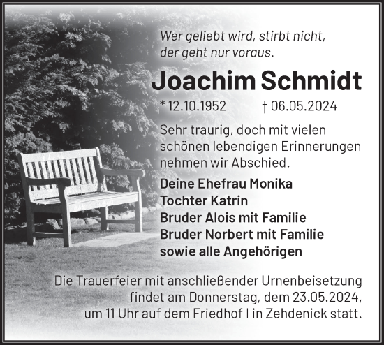 Traueranzeige von Joachim Schmidt von Märkische Oderzeitung