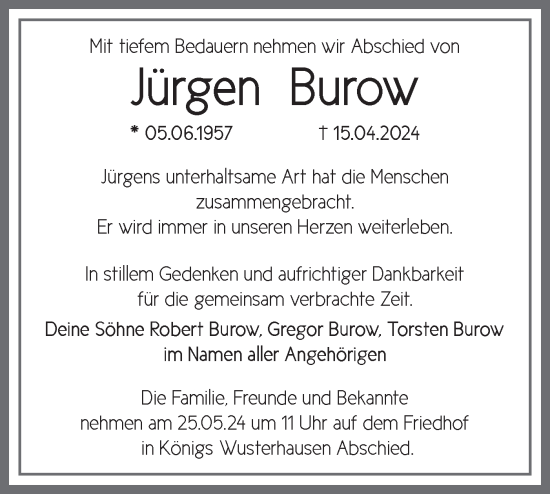 Traueranzeige von Jürgen Burow von Märkische Oderzeitung