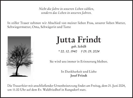 Traueranzeige von Jutta Frindt von Märkische Oderzeitung