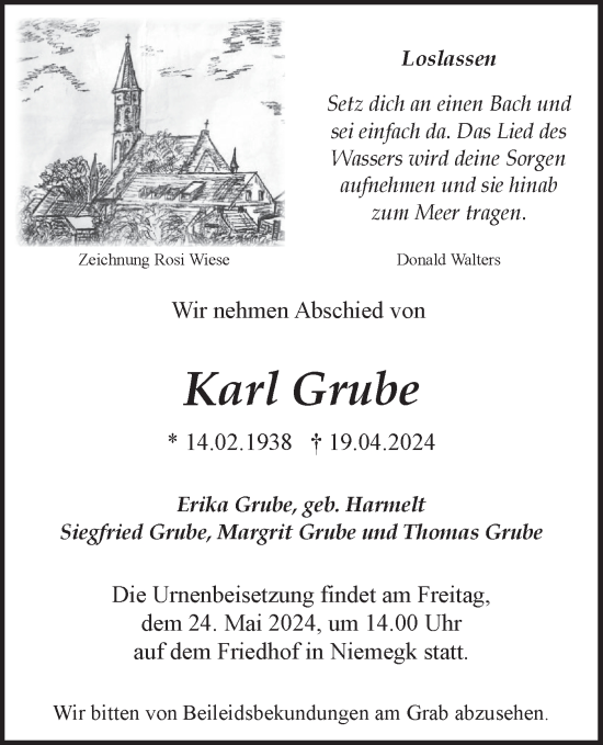 Traueranzeige von Karl Grube von Märkische Oderzeitung