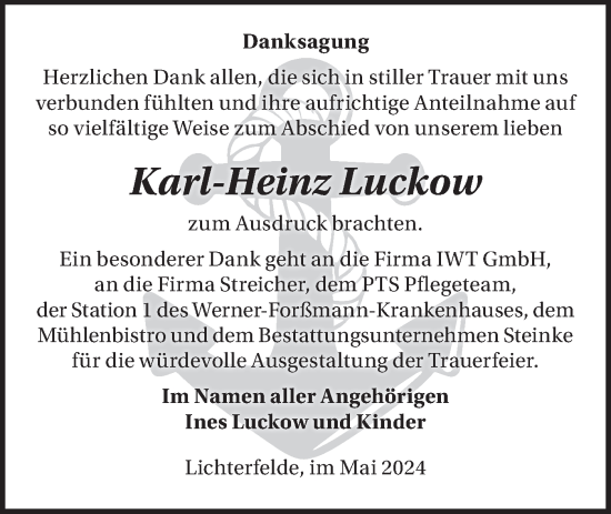 Traueranzeige von Karl-Heinz Luckow von Märkische Oderzeitung