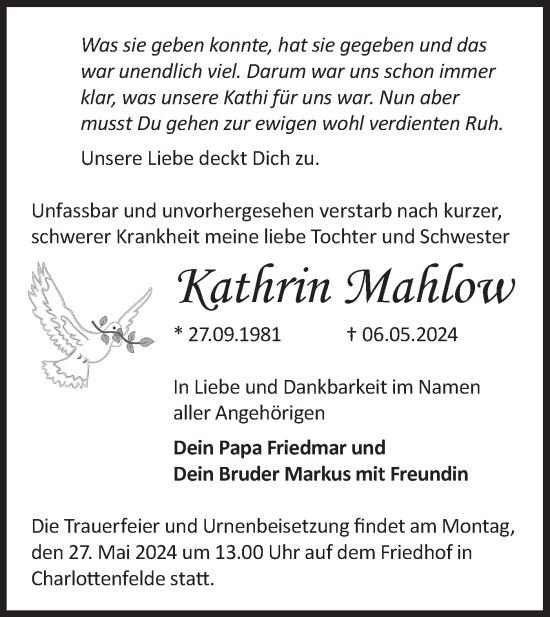 Traueranzeige von Kathrin Mahlow von Märkische Oderzeitung