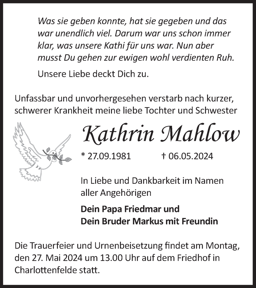  Traueranzeige für Kathrin Mahlow vom 18.05.2024 aus Märkische Oderzeitung