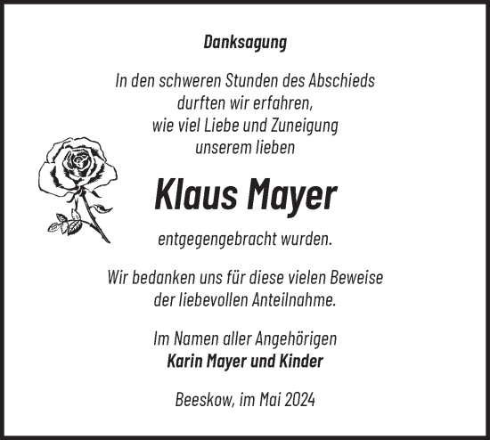 Traueranzeige von Klaus Mayer von Märkische Oderzeitung