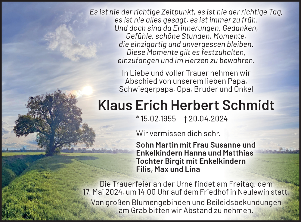  Traueranzeige für Klaus Erich Herbert Schmidt vom 04.05.2024 aus Märkische Oderzeitung