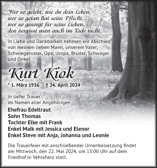 Traueranzeige von Kurt Kiok von Märkische Oderzeitung