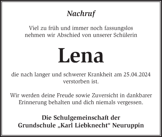 Traueranzeige von Lena  von Märkische Oderzeitung