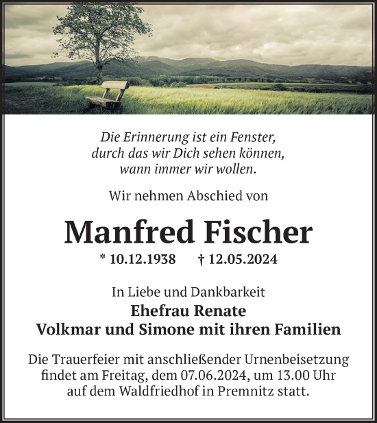 Traueranzeige von Manfred Fischer von Märkische Oderzeitung