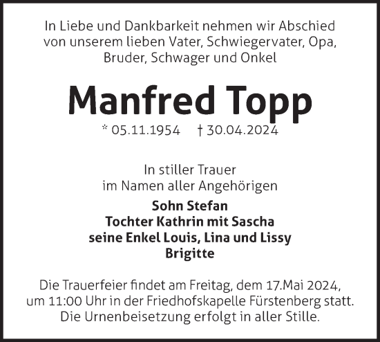 Traueranzeige von Manfred Topp von Märkische Oderzeitung