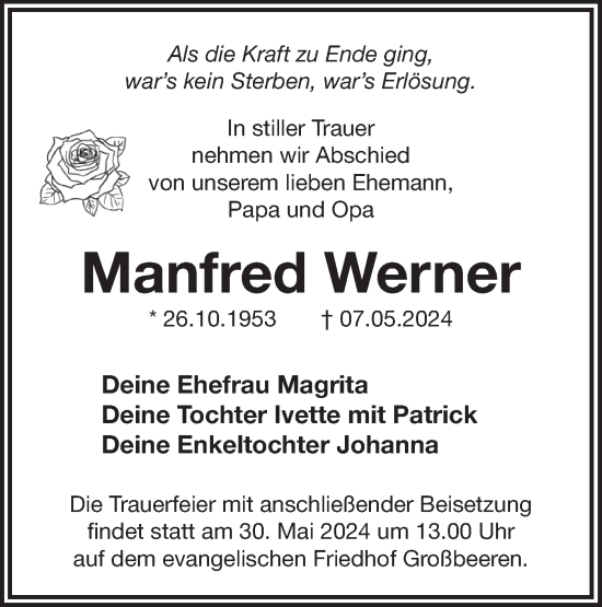 Traueranzeige von Manfred Werner von Märkische Oderzeitung