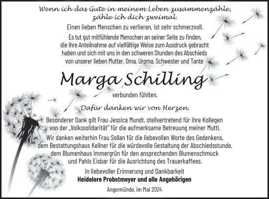 Traueranzeige von Marga Schilling von Märkische Oderzeitung