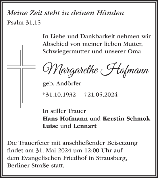 Traueranzeige von Margarethe Hofmann von Märkische Oderzeitung