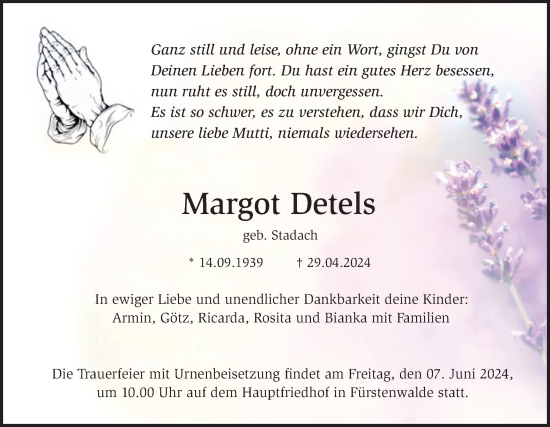 Traueranzeige von Margot Detels von Märkische Oderzeitung