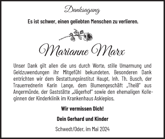 Traueranzeige von Marianne Marx von Märkische Oderzeitung