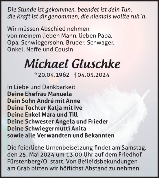 Traueranzeige von Michael Gluschke von Märkische Oderzeitung
