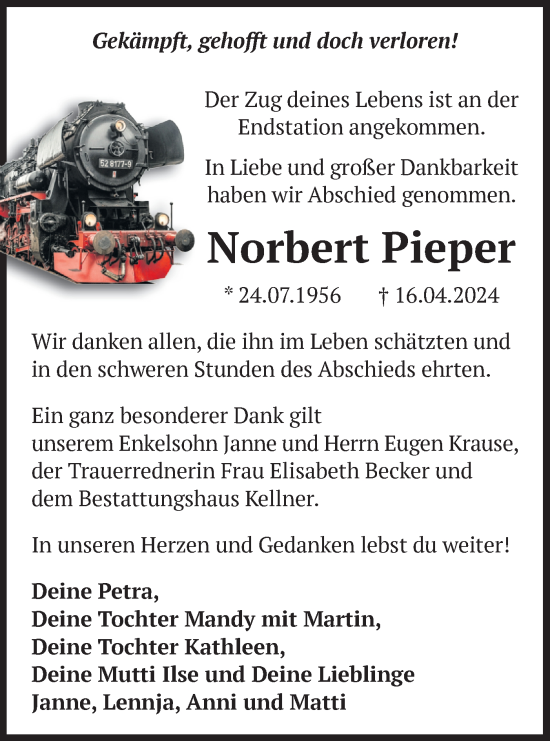 Traueranzeige von Norbert Pieper von Märkische Oderzeitung