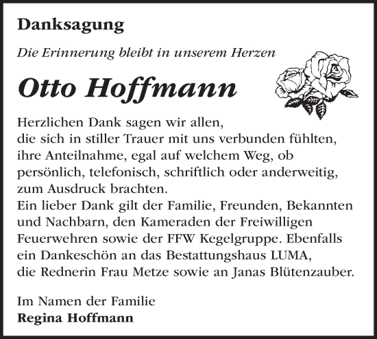 Traueranzeige von Otto Hoffmann von Märkische Oderzeitung