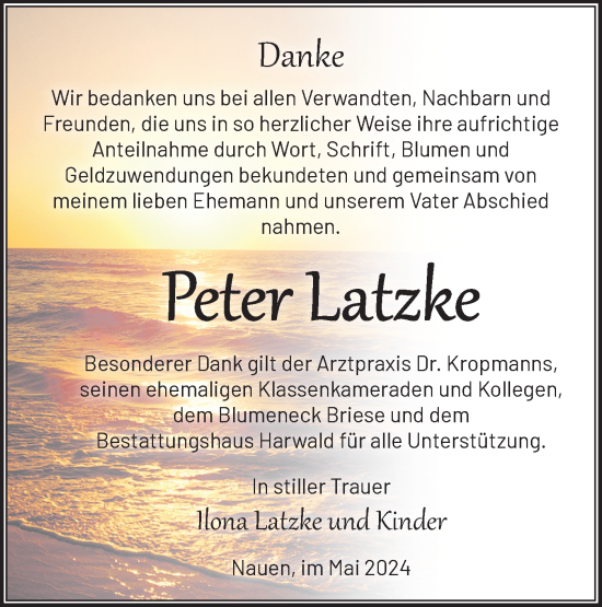 Traueranzeige von Peter Latzke von Märkische Oderzeitung