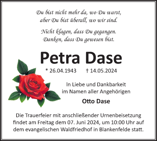 Traueranzeige von Petra Dase von Märkische Oderzeitung