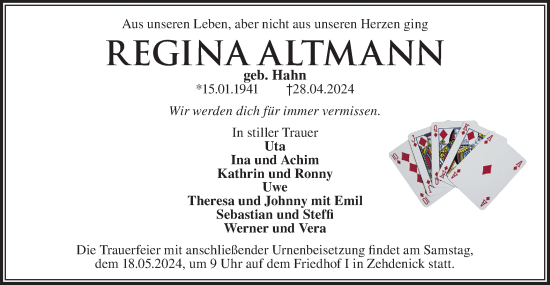 Traueranzeige von Regina Altmann von Märkische Oderzeitung