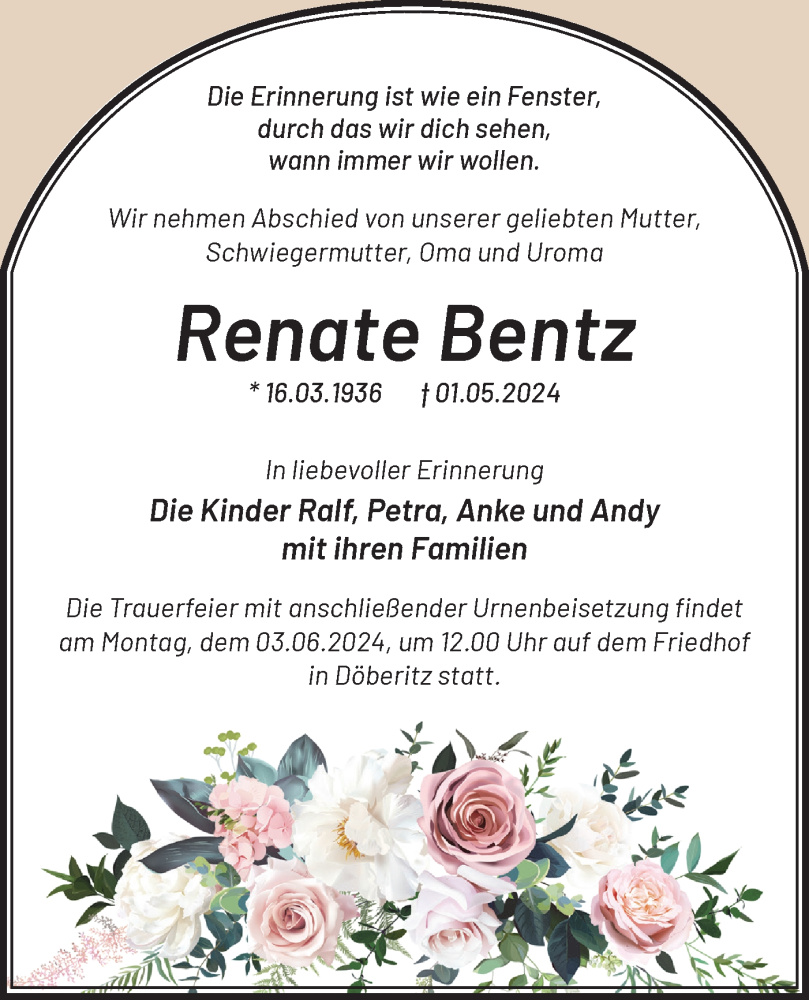  Traueranzeige für Renate Bentz vom 18.05.2024 aus Märkische Oderzeitung