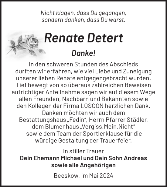 Traueranzeige von Renate Detert von Märkische Oderzeitung