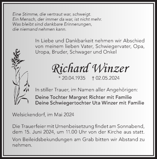 Traueranzeige von Richard Winzer von Märkische Oderzeitung