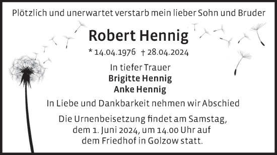 Traueranzeige von Robert Hennig von Märkische Oderzeitung