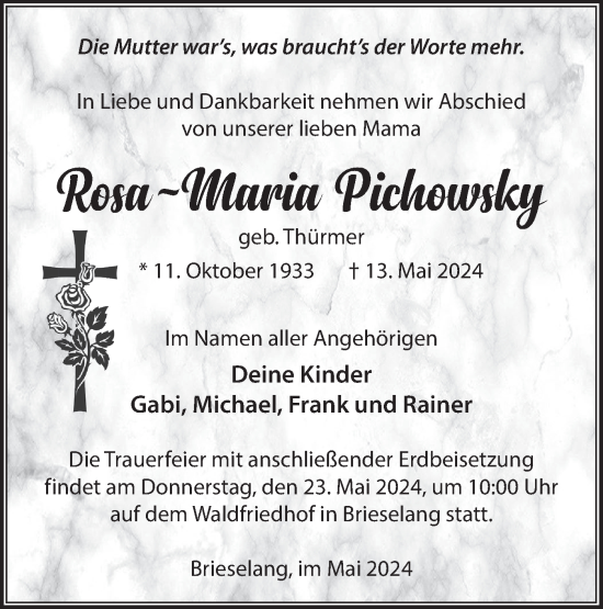 Traueranzeige von Rosa-Maria Pichowsky von Märkische Oderzeitung