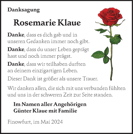 Traueranzeige von Rosemarie Klaue von Märkische Oderzeitung