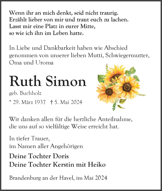 Traueranzeige von Ruth Simon von Märkische Oderzeitung