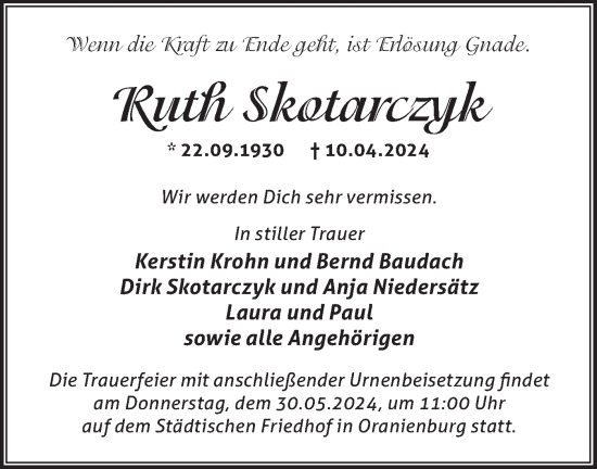 Traueranzeige von Ruth Skotarczyk von Märkische Oderzeitung