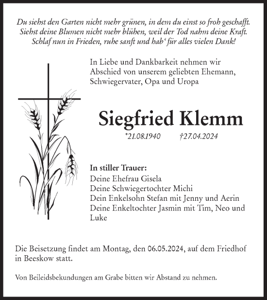 Anzeige Siegfried Klemm